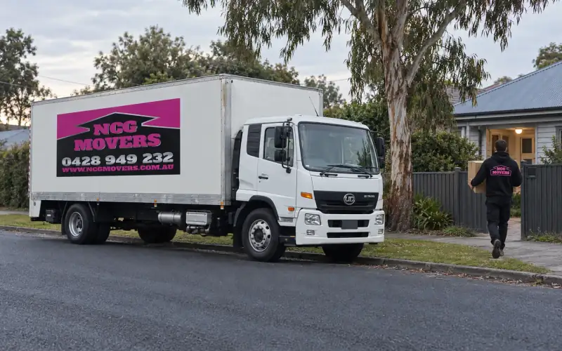 The NCG Movers truck parked at the kerb of a quiet street at first light, with a crew member carrying a box along the footpath