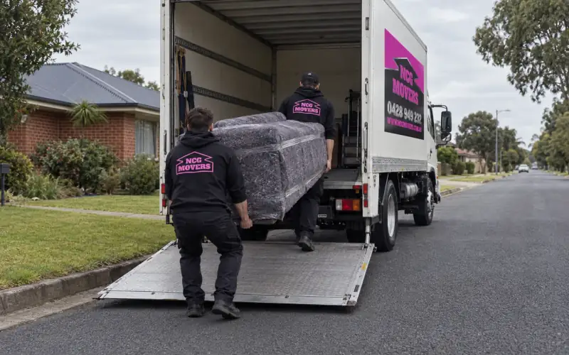 Two NCG Movers crew lift a blanket-wrapped couch onto the lowered tail lift of the NCG Movers truck, parked at the kerb outside a brick house