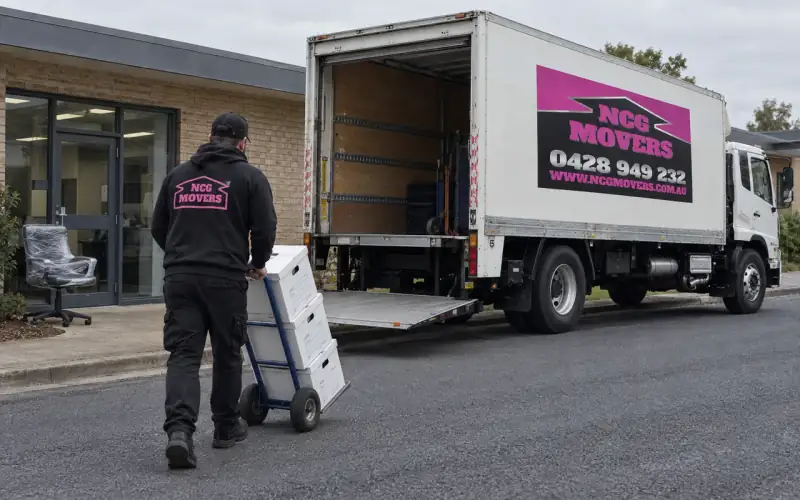 An NCG Movers crew member wheels a hand truck of archive boxes from an office towards the tail lift of the NCG Movers truck