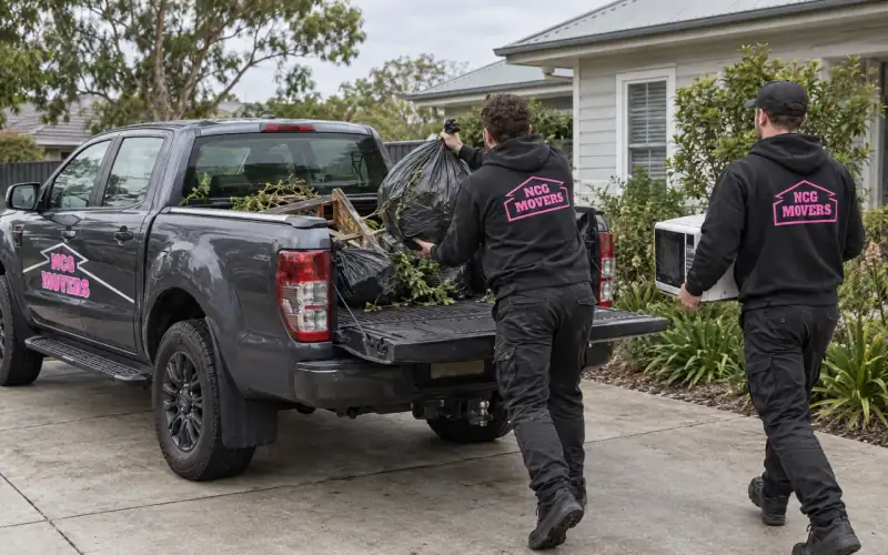 Two NCG Movers crew load garden waste bags and an old microwave into the tub of the NCG Movers ute on a driveway